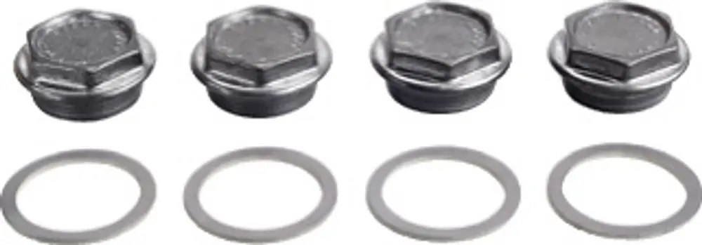 Dichtstopfen aus Metall in unterschiedlichen Größen, mit passendem Satz Dichtungen. Produkt von Bosch, geeignet für verschiedene Anwendungen.